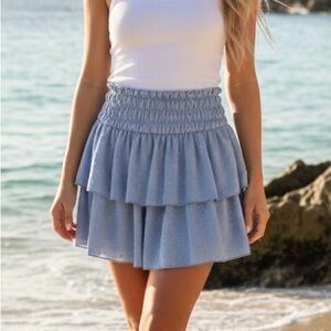 21 Saints Light Blue Layered Beachy Swiss Dot Feminine Ruffle Mini Skirt M NWT